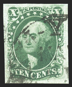 15, 10c Green, Ty. III, gem used example, featuring very large and wonderfully balanced margins all around, lovely rich color and a well defined impression on bright paper, town
c.d.s. cancel, extremely fine 1987 PF certificate.