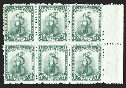 RO120d, Ives & Judd Match Co., 1c Green, watermarked, very scarce right sheet-margin block of six (3x2), rich color on fresh paper, well centered for this, some reinforced
perf. separations, top left pair affected by a light crease, otherwise fi