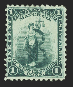 RO120d var., Ives & Judd Match Co., 1c Green, watermarked, double transfer variety, seldom seen example of this major double transfer variety, showing a striking doubling of
the bottom portion of the design, rich luxuriant color, fine much more