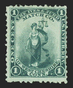 RO120d var., Ives & Judd Match Co., 1c Green, watermarked, double transfer variety, another seldom seen example of this major double transfer variety, showing a striking
doubling of the bottom portion of the design, rich luxuriant color, fine m