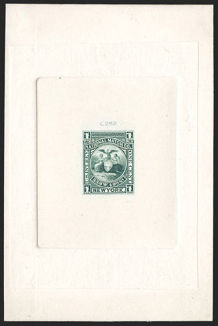 RO134TC1, National Match Co., 1c Green large die trial color proof on India paper mounted on 73x113mm card including the full die sinkage area, fresh and very
fine.