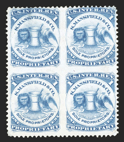 RS174jc, S. Mansfield & Co., 1c Blue imperforate between, pink paper, block of four, bright color, thinned spots, tiny tear in top right stamp, owners handstamp on back of
each, fine appearance and quite rare only 25 blocks recorded in the