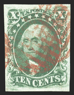 15, 10c Green, Ty. III, position 47L, four large and even margins, strong color and impression, beautifully cancelled by bright red grid postmarks, extremely fine a particularly
attractive example 1986 PF certificate.
