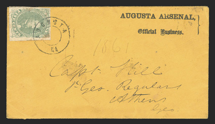 1, 5c Green, Stone 1, single with ample to large margins and small faults, tied by Augusta, Ga. double ring pmk. on orange buff cover to Athens, Ga., with Augusta Arsenal,
Official Business semi-official imprint, at top right, backflap tea