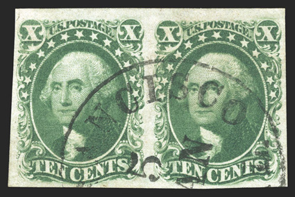 15, 10c Green, Ty. III, used horizontal pair, full to huge margins all around, rich color and a sharp impression, neatly cancelled by a San Francisco c.d.s., extremely fine 1990
PF certificate.