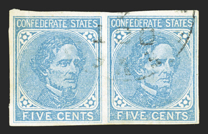 7b, 5c Blue, printed on both sides, Inverted Impression on reverse, horizontal pair, showing the usual split impressions on reverse, four full to large margins, fresh color,
light indistinct town cancel, faint crease and a small thin spot, very