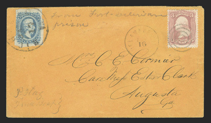11, 10c Blue, Die A, single with three large margins, cut in at left, on mixed franking prisoner of war cover with U.S. 3c Rose (65), U.S. stamp tied by target with matching
Delaware City Del Nov 16 c.d.s., CSA stamp tied by Richmond, Va. N