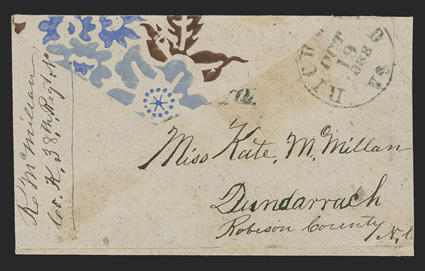 Richmond, VaOct 19, 1863, clear datestamp and matching Due 10 handstamp on wallpaper cover to Dundarrach, North Carolina, soldiers endorsement R McMillan, Co K38 Regt NCT at
left, very fine and attractive 2009 PF certificate.