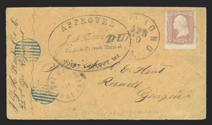 Approved J.A. Patterson Capt. & Provost Marshal, Point Lookout, Md. large oval prison handstamp on cover to Roswell, Ga., with uncancelled U.S. 3c Rose (65), ms. prisoners
endorsement at left (22nd Ga. regiment), Point Lookout Apr ? c.d.s., Ri