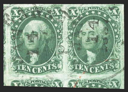 15-16, 10c Green, horizontal se-tenant pair with Ty. III and Ty. IV, a stunning pair from positions 65-66L1, the left stamp being the scarce Type IV, huge margins all around
including significant portions of the two adjoining stamps at bottom an