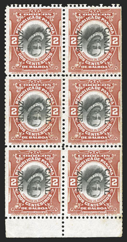 39f, 2c Vermilion and black, booklet pane of six, perforated margins, Canal Zone and Center Inverted, another example of this exceedingly rare booklet pane, this one possesses
the tab at bottom, rich color, staple holes through top two stamps,