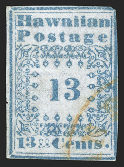 3, 13c Blue Missionary, Hawaiian Postage, Type II, three margins, fourth at right just touching the frame lines in a couple places, uncommonly strong color and impression,
bright orange red San Francisco c.d.s., magenta pen cancel removed, s