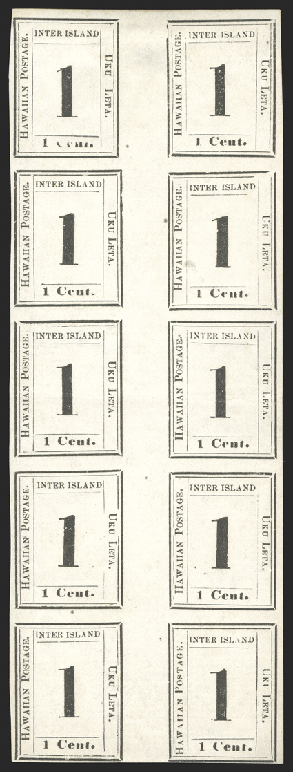 23, 1c Black on laid paper, block of ten containing the entire setting of Plate 8-A, large margins around (a little closer at bottom), fresh paper, full o.g., four stamps never
hinged, small thin in the gutter between the top two stamps, light h