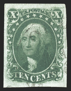 16, 10c Green, Ty. IV, position 86L, recut at top, an impressive used single, boasting lavishly large margins all around, rich verdant color and a strong impression that shows
the recut well, a very light town cancel further enhances its conside