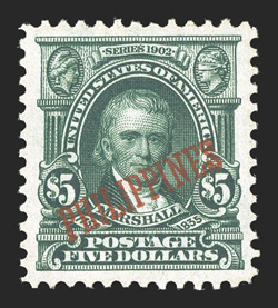 239, $5.00 Dark green, an incredibly choice mint single, flawlessly centered within uncharacteristically wide and well balanced margins, deep luxuriant color on particularly
fresh paper, full clean o.g., l.h., an extremely fine gem one of the n