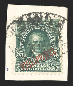 239, $5.00 Dark green, an incredibly rare used example of this high value, in fact, this is only the second certified used example we have ever offered, tied to small piece by
double oval Manila postmark, nicely centered, especially rich col