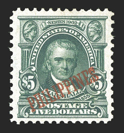 239 var., $5.00 Dark green, special printing by the Bureau of Insular Affairs in 1907 on very white paper, a choice mint example of this incredibly rare stamp, well centered
within large margins, deep rich color, o.g., l.h., very fine one of