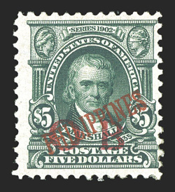 239 var., $5.00 Dark green, overprinted O B on red, deep rich color, disturbed o.g., fine a rare mint example of the $5.00 Bandholtz press-printed official overprint 1994 APS
certificate.
