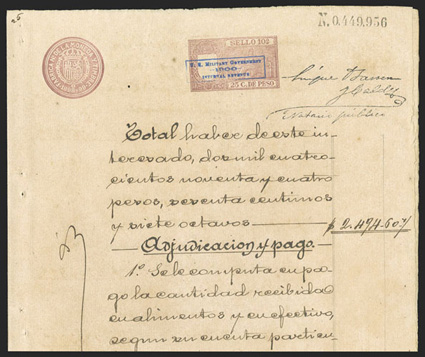 Warren 282 var., 25c Red brown revenue stamped paper with blue boxed U.S. Military Government-1900-Internal Revenue provisional handstamp, unusually clear strike of the
handstamp on impression of stamp identical to Warren 282, four page adj