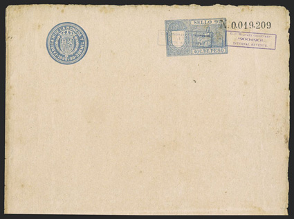 Warren 283 var., 40c Blue revenue stamped paper with blue boxed U.S. Military Government-1900-Internal Revenue and U.S. Military Government-1900-1901-Internal Revenue
provisional handstamps both on the indicia, unused four page entire, s
