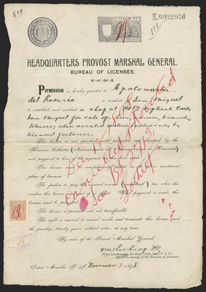 Warren 347B, 10c Red brown initialed by Lieut. C.S. Haughwout on 1P Violet revenue stamped paper, bold red initials on both on partially printed document from Headquarters
Provost Marshal General, Bureau of Licenses dated 1 November, 1898, als