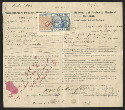 Warren 349B, 1898 Provisional 50c composite stamp validated by Lieut. C.H. Sleepers initials on a business license issued by the Headquarters of the Provost Martial General,
Bureau of Licenses and dated 5 December, 1898, file fold through the 4