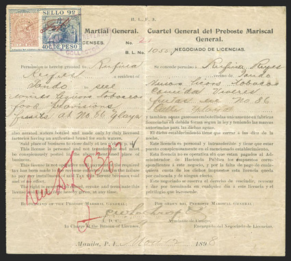 Warren 349C, 1898 Provisional 50c composite stamps validated by the initials of Captain C.F. Mudgett on business license issued by the Headquarters Provost Martial General,
Bureau of Licenses and dated 12 November, 1898, stamps tied by violet ov