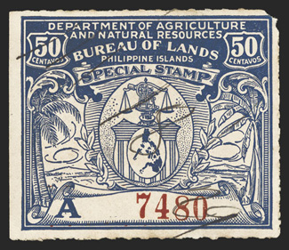 Warren 903, 1928 50c Dark blue Bureau of Lands rouletted, with red serial no. 7480, light ms. cancel, natural s.e. at left, small piece of top right corner missing and light
toning on reverse, otherwise very fine one of a mere four recorded e