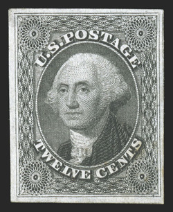 17, 12c Black, an extraordinarily choice and incredibly fresh mint single, boasting and overall freshness and brilliance rarely encountered on this terribly difficult stamp,
featuring prooflike color and a highly detailed impression on crisp cle