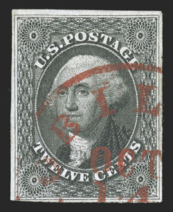 17, 12c Black, used with vivid red Mobile, Alabama paint town cancel, large margins to close but clear at bottom left, strong color and fine impression on fresh paper, very fine
2007 PF certificate.