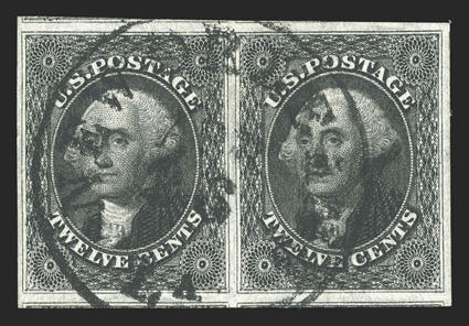 17, 12c Black, an eye-arresting used horizontal pair, featuring huge margins all around including showing portions of adjoining stamps at top, bottom and at right, in addition
this striking pair boasts intense jet black color and impression, c