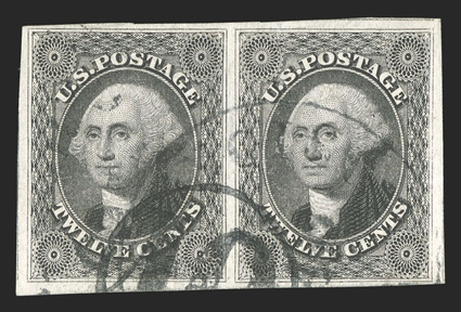 17, 12c Black, a most impressive used horizontal pair, with lavishly large to extraordinarily large margins all around, attractive deep color and a prooflike impression on fresh
paper, most striking is a large portion of a numeral 10 in circle