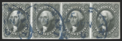 17, 12c Black, handsome used horizontal strip of four, full to large margins all around, brilliantly fresh color and an outstanding impression on pristine white paper, blue
c.d.s. cancels, also a tiny bit of a red cancel at top left, very fine