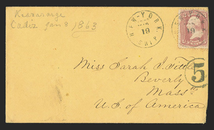 U.S.S. Kearsarge cover lot of sixteen pale buff covers, 1862-1864, thirteen of which have Kearsarge pencil docketing, includes four from Great Britain and two from France,
others are U.S. franked with 65, a few with scarce ship markings includ