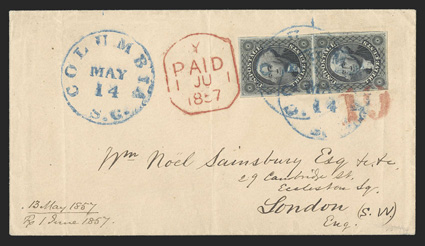 17, 12c Black, handsome vertical pair with four even margins (8mm scissor cut in the margin between the stamps), tied by two strikes of blue Columbia, S.C.May 14 c.d.s., with a
third strike at left, to a salmon colored 1857 cover to London,
