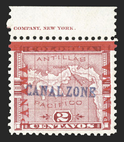 1 var., 2c Rose, with Panama 16mm long, position 6, being a top sheet-margin partial imprint single, exceedingly fresh and well centered, o.g., very fine this variety occurred
on only ten positions on the sheet (6-10, 91-95) for a total of 26