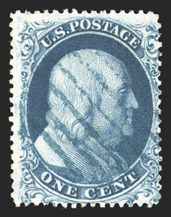 19, 1c Blue, Ty. Ia, fresh used example of this rare stamp, rich luxuriant color and a sharp detailed impression on bright white paper, light blue grid cancel (this color is not
listed in Scott for 19), fine 1987 PF certificate.