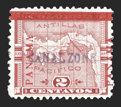 1 var., 2c Rose, with inverted V for last A in Panama at left, bright and fresh, nicely centered, o.g., very fine a scarce variety that occurs on only two positions (25, 75) in
the sheet (CZSG 1 var.).