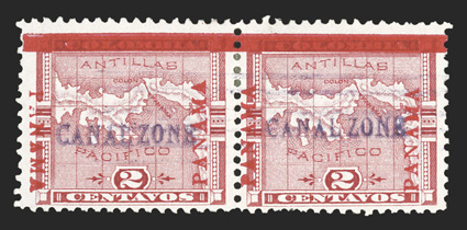 1d, 2c Rose, Panama reading up and down, horizontal pair, positions 1-2, with the left stamp showing the variety, while the right stamp is the normal reading up, bright color,
lightly cancelled, right (normal) stamp with a few short perfs. at