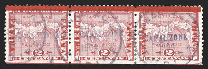 1d, 2c Rose, Panama reading up and down, another example of this elusive variety, this being position 100 the only other (100) on the sheet to produce this, in a horizontal
strip of three with natural straight edge at bottom and arrow marker a