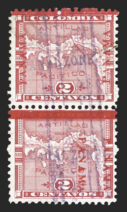 1f, 2c Rose, vertical pair, with Panama reading up on top stamp and down on bottom stamp, with the bottom stamp having the additional variety of the two Panamas close together
due to shifted overprint (CZSG 1.4), strong color, magenta cance