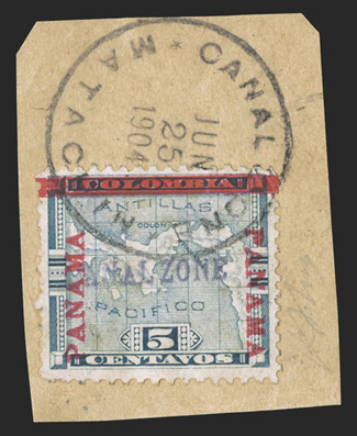 2, 5c Blue, nicely centered single tied to piece by full Matachin Canal ZoneJun 25 1904 c.d.s. first day cancel, very fine a full first day cover catalogs $7,500.00 (CZSG
2).