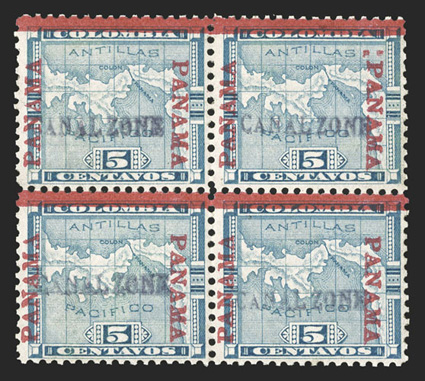 2 var., 5c Blue, with colon after right Panama, variety being the top right stamp in a block of four, tropicalized o.g., fine while Scott lists 156 examples of this variety as
being possible, we believe it is far more rare than that 1969 APS