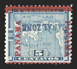 2a, 5c Blue, inverted overprint, exceptionally bright mint example, strong color on clean white paper, well centered, fresh o.g., a very fine example of this scarce error, of
which only one sheet of 100 stamps exist with the inverted overprint (