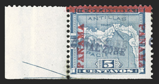 2b, 5c Blue, Canal Zone double overprint, with two complete overprints which is necessary to qualify as the listed error, position 91, with sheet-margin and arrow at left,
o.g., fine only eleven examples of the double overprint have been re