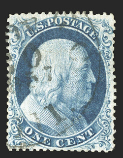21, 1c Blue, Ty. III, used, nicely centered for this scarce stamp, strong color, light c.d.s. cancel, a couple shortblunted perfs. single improved perforation at top, very fine
appearance signed Stanley Gibbons and accompanied by a clear 1984