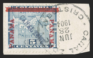 2d, 5c Blue, Canal Zone diagonal, reading down to right, exceptionally fresh single tied to piece by Cristobal c.d.s., fine and quite scarce ex-Robinette (CZSG
2d).