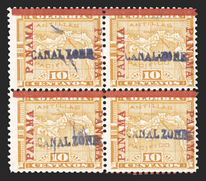 3 var., 10c Yellow, Panama 2¼mm below bar, the variety being the top left stamp in a block of four, o.g., some excess overprint ink, fine only 100 printed (CZSG
3.2).
