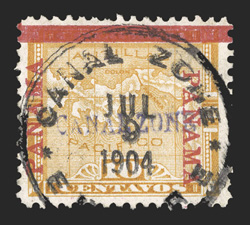 3 var., 10c Yellow, Panama 2¼mm below bar, used single, nicely centered, Empire c.d.s., very fine (CZSG 3.2).