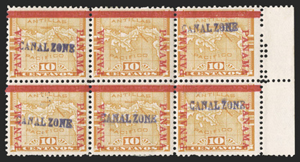 3c, 10c Yellow, Canal Zone omitted, right sheet-margin block of six, with the top middle stamp missing the overprint, o.g., bottom middle stamp with h.r., a few short perfs on
bottom (normal) stamps, fine-very fine a striking showpiece and 